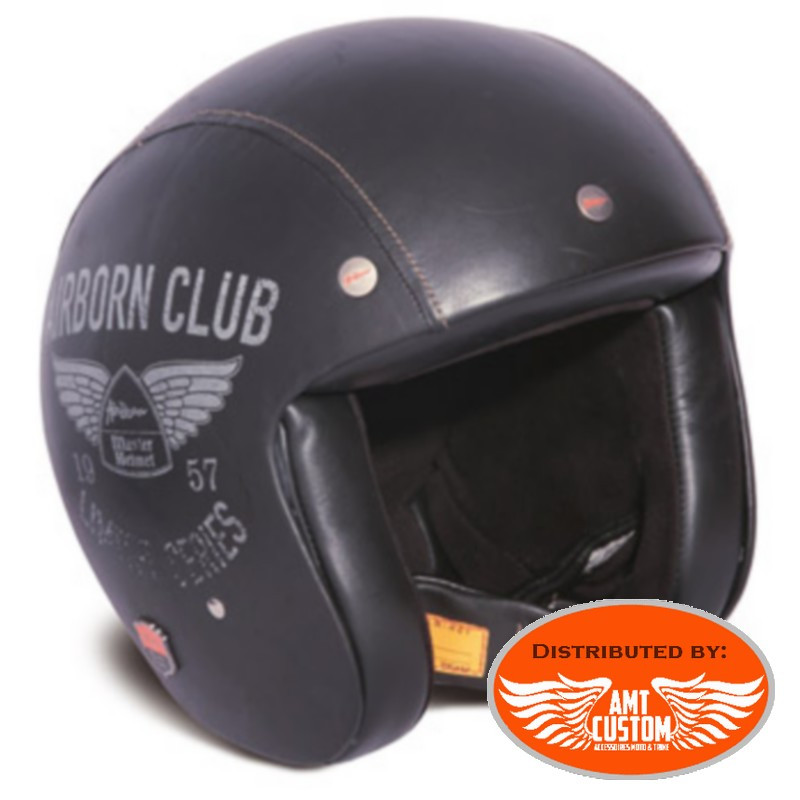 Casque Jet bol Steve Ubike cuir noir mat biker moto custom airborn club